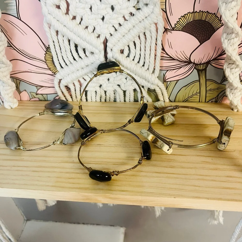 Stone Wire Wrapped Bangle Bracelet‎ Set Boho Bohemian Stacking